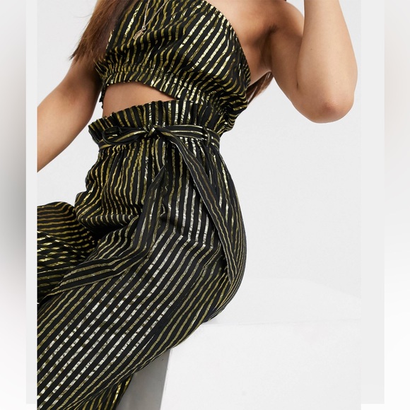 ASOS Petite Gold Metallic Stripe Bandeau Tube Top with Paper-bag High Waist Pant - Picture 5 of 15